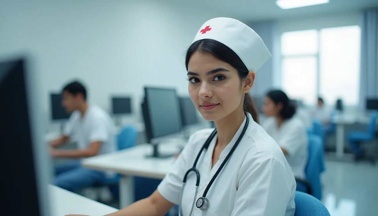 Nurse in white uniform with stethoscope sitting in a computer lab with others working on computers in the background.